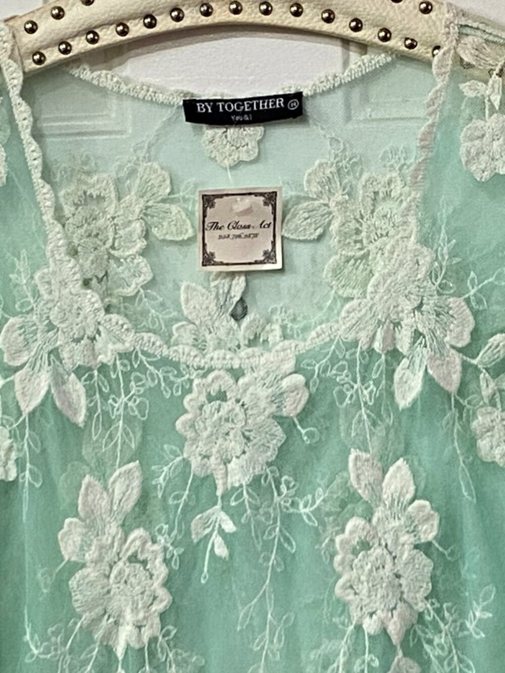 NEW BY TOGETHER Mesh Embroidered Top Blouse Tunic Long Sleeve Aqua/White - Picture 2 of 10